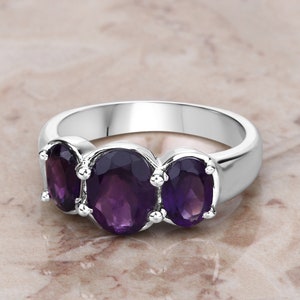 Amethyst Ring, 3 Stone Amethyst Ring, Natural Amethyst Ring, Anniversary Ring, Promise Ring, Sterling Silver Ring, February Birthstone Ring