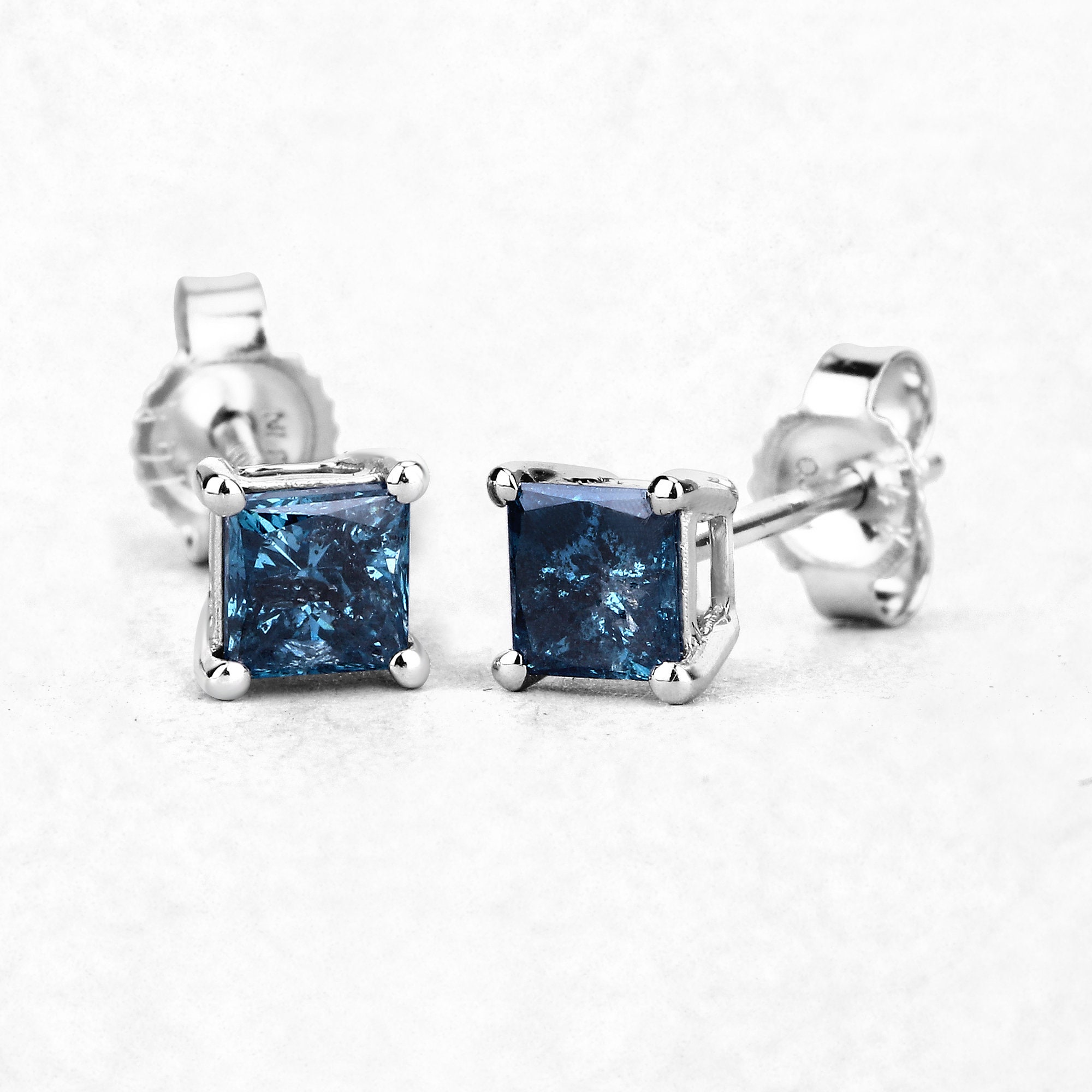 Blue Diamond Earrings 14k Solid White Gold Princesscut Blue Etsy