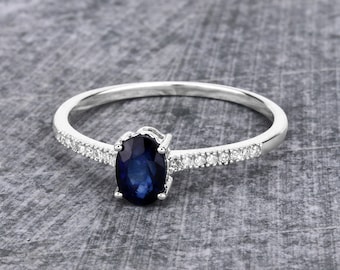 14K Gold Blue Sapphire Ring, Natural Blue Sapphire and Diamond Ring, Blue Gemstone Ring, Blue Sapphire White Gold Ring, Minimalist Ring