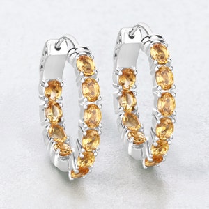 Citrine Earrings, Genuine Citrine Hoop Silver Earrings for Women, Natural Yellow Gemstone Earrings, Bridesmaid Gift for Her, Bridesmaid Gift