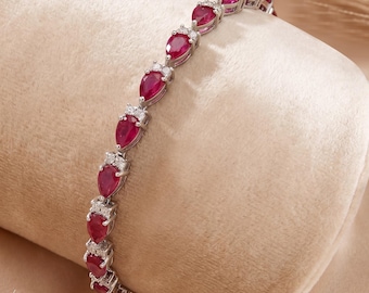 14k Gold Ruby Bracelet, Genuine Ruby and Diamond Gold Bracelet for Women, 14k Solid White Gold Ruby Tennis Bracelet, July Birthstone