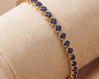 14k Gold Sapphire Bracelet, Genuine Blue Sapphire Rounds Gold Bracelet for Women, 14k Yellow Gold Sapphire Tennis Bracelet, Bridesmaid Gift