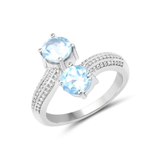 Blue Topaz Ring, Natural Sky Blue Topaz Round Bypass Ring in Sterling Silver, Blue Gemstone Ring, December Birthstone Ring