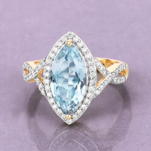 14k Gold Aquamarine Ring, Genuine Aquamarine and Diamond Yellow Gold Engagement Ring for Women, Aquamarine Statement Ring, March Birthstone