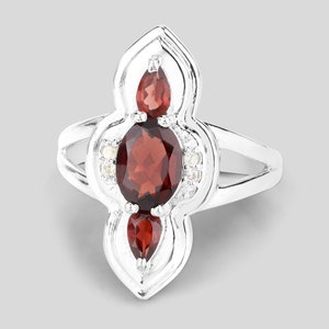 Garnet Silver Ring, Natural 3-Stone Garnet Ring in 925 Sterling Silver for Women, Mozambique Garnet Silver Ring, January Birthstone Ring