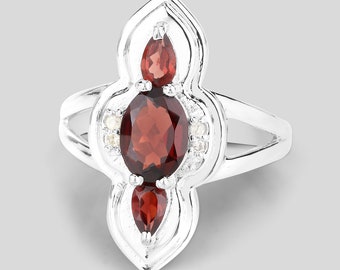 Garnet Silver Ring, Natural 3-Stone Garnet Ring in 925 Sterling Silver for Women, Mozambique Garnet Silver Ring, January Birthstone Ring