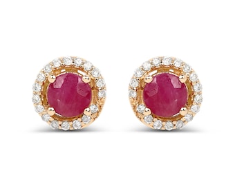 Ruby Stud Earrings, Round Cut Genuine Ruby Stud Earrings in 14k Yellow Gold, Ruby Diamond Halo Earrings, July Birthstone, Bridesmaid Gift