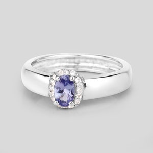 Tanzanite Ring, Natural Tanzanite and White Zircon Halo Ring in Sterling Silver Ring, Tanzanite Promise Ring, December Birthstone