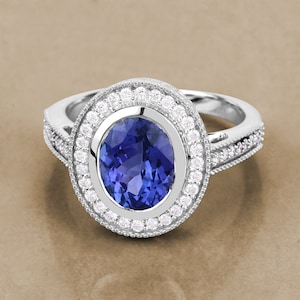 14K White Gold Tanzanite Ring, Genuine Tanzanite Oval-Cut and Diamond Ring, Tanzanite Engagement Ring, Statement Ring, Bridal Ring