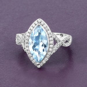 14k Gold Aquamarine Ring, Genuine Aquamarine and Diamond White Gold Engagement Ring for Women, Aquamarine Crossover Ring, March Birthstone