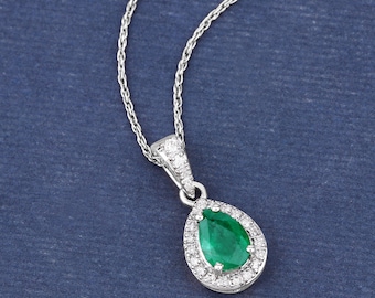 14k Gold Emerald Pendant, Genuine Zambian Emerald and Diamond 14k White Gold Pendant Necklace for Women, May Birthstone Gift for Wife