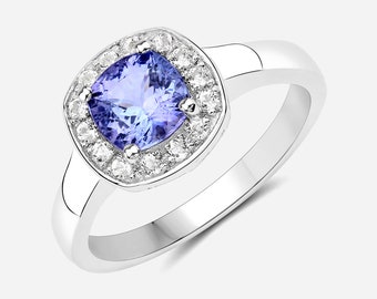 Tanzanite Ring, Natural Tanzanite Cushion and White Zircon Halo Ring in Sterling Silver Ring, Bridesmaid Gifts, December Birthstone