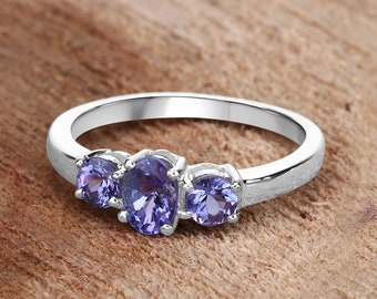 Tanzanite Ring, Natural 3-Stone Tanzanite Sterling Silver Ring for Women, December Birthstone