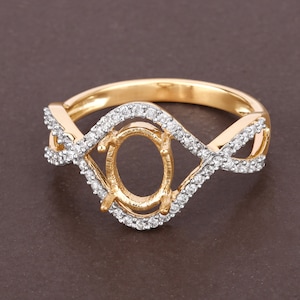 14k Gold Semi Mount Ring with Natural Diamonds, Customizable Yellow Gold Ring Semi-Mount, 14k Diamond Semi-Mount - holds 8x6mm Oval Stone