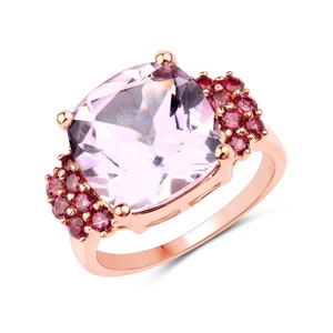 Pink Amethyst Ring, Genuine Pink Amethyst - Rhodolite Garnet 18K Rose Gold Sterling Silver Ring, Pink Amethyst Ring for Women, Bridal Ring