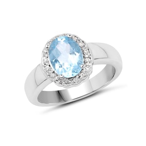 Blue Topaz Ring, Sky Blue Topaz Oval Halo Ring, Sky Blue Topaz Silver Ring, December Birthstone Ring