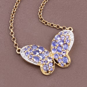 Tanzanite Pendant, Genuine Tanzanite 14K Yellow Gold Sterling Silver Butterfly Pendant Necklace for Women, Tanzanite Butterfly Pendant Gift
