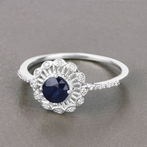 14K Gold Blue Sapphire Ring, Natural Blue Sapphire and Diamond Ring, Blue Gemstone Ring, Blue Sapphire White Gold Ring, Minimalist Ring