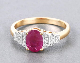 Ruby Ring, Genuine Ruby  and White Diamond Round 14K White Gold Bridge Ring, Ruby Gold Ring Minimalist Ring, July Birthstone, Bridal Ring