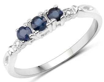 Sapphire Ring, Natural Blue Sapphire Sterling Silver 3 Stone Ring, September Birthstone Ring, Blue Ring, Bridesmaid Gift