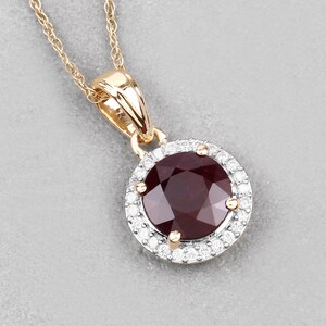 Ruby Gold Pendant, 14K Yellow Gold Genuine Ruby and White Diamond Halo Pendant, Dainty Ruby Pendant, July Birthstone, Bridal Gift