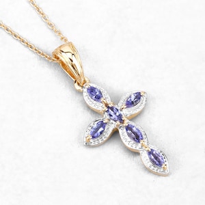 Tanzanite Pendant, Natural Tanzanite Cross Pendant Necklace in Silver with Yellow Gold Plating for Women, December Birthstone