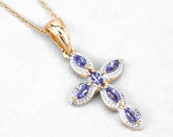 Tanzanite Pendant, Natural Tanzanite Cross Pendant Necklace in Silver with Yellow Gold Plating for Women, December Birthstone