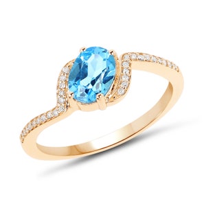 Gold Ring, 14k Gold Swiss Blue Topaz & Diamond Ring, Dainty Blue Topaz Engagement Ring, 14k Gold Swiss Blue Topaz Oval Cut Anniversary Ring