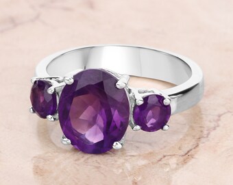 Amethyst Ring, 3 Stone Amethyst Ring, Natural Amethyst Ring, Anniversary Ring, Promise Ring, Sterling Silver Ring, February Birthstone Ring