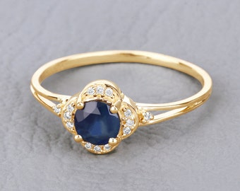 Blue Sapphire Ring, Gold Sapphire Ring, Sapphire Halo Ring, Yellow Gold Ring, 14K Gold Ring, Royal Blue, Christmas Gift, Gifts For Her