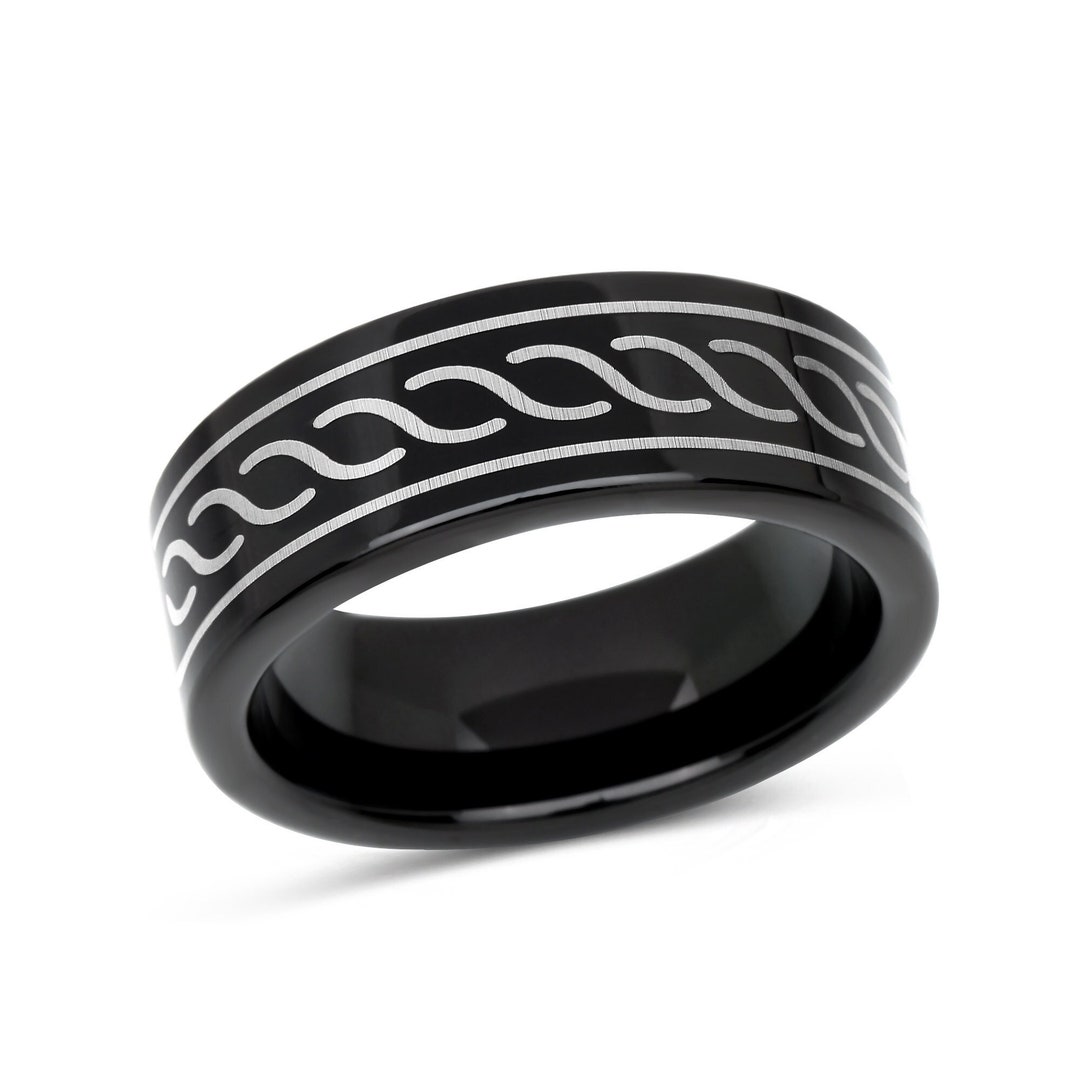 8MM Black Men's Tungsten Ring With Laser Etched Tribal Design, Gifts