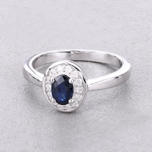 Natural Blue Sapphire with Lab Grown Diamond Ring, Blue Sapphire Halo Ring, Blue Sapphire Silver Ring, September Birthstone, Bridesmaid Gift
