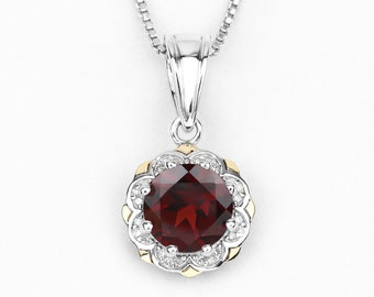 Garnet Pendant, Natural Red Garnet Round and White Diamonds Pendant Necklace in Sterling Silver & 14K Yellow Gold, January Birthstone