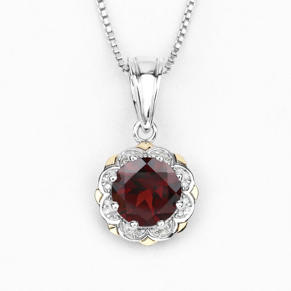 Garnet Pendant, Natural Red Garnet Round and White Diamonds