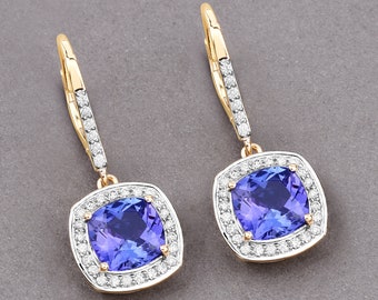 14K Yellow Gold Tanzanite Earrings, Genuine Tanzanite Cushion-Cut and Diamond Drop Earrings, December Birthstone, Bridal Wedding Earrings