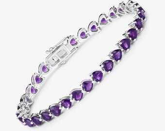 Amethyst Bracelet, Natural Amethyst Heart-Cut Tennis Bracelet in Sterling Silver, Heart Bracelet, February Birthstone, Bracelet for Women