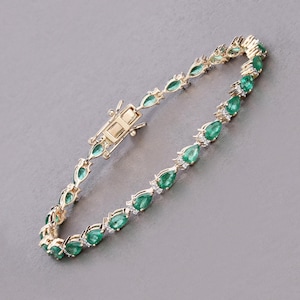 14k Gold Emerald Bracelet, Genuine Zambian Emerald Pears and Diamond Yellow Gold Bracelet for Women, Emerald Gold Tennis Bracelet for Her