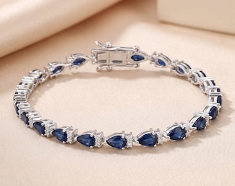 Genuine Blue Sapphire Pears and Diamond White Gold Bracelet for Women, 14k Gold Sapphire Tennis Bracelet, September Birthstone Bracelet