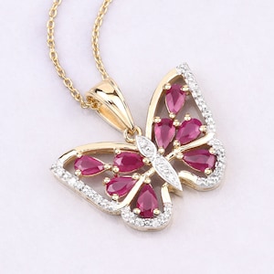 Ruby Pendant, Genuine Ruby 14K Yellow Gold Sterling Silver Butterfly Pendant Necklace, Ruby Butterfly Pendant Gift for Her, Bridesmaid Gift