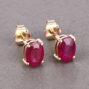 Ruby Earrings, 14k Yellow Gold Natural Pink Ruby Oval Cut Studs, Dainty Earrings, July Birthstone, Anniversary Gift, Gift For Her