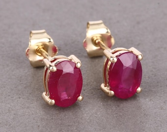 Ruby Earrings, 14k Yellow Gold Natural Pink Ruby Oval Cut Studs, Dainty Earrings, July Birthstone, Anniversary Gift, Gift For Her