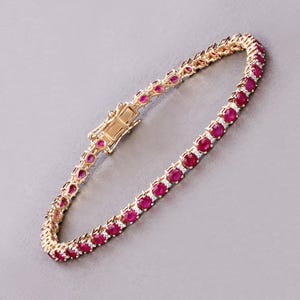 14k Gold Ruby Bracelet, Genuine Ruby and Diamonds Yellow Gold Bracelet for Her, Ruby Gold Tennis Bracelet, July Birthstone Bracelet Gift