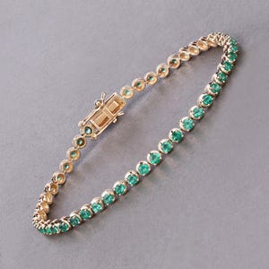 14k Gold Emerald Bracelet, Genuine Zambian Emerald Gold Bracelet for Women, Emerald Tennis Bracelet for Her, Anniversary Gift, Birthday Gift