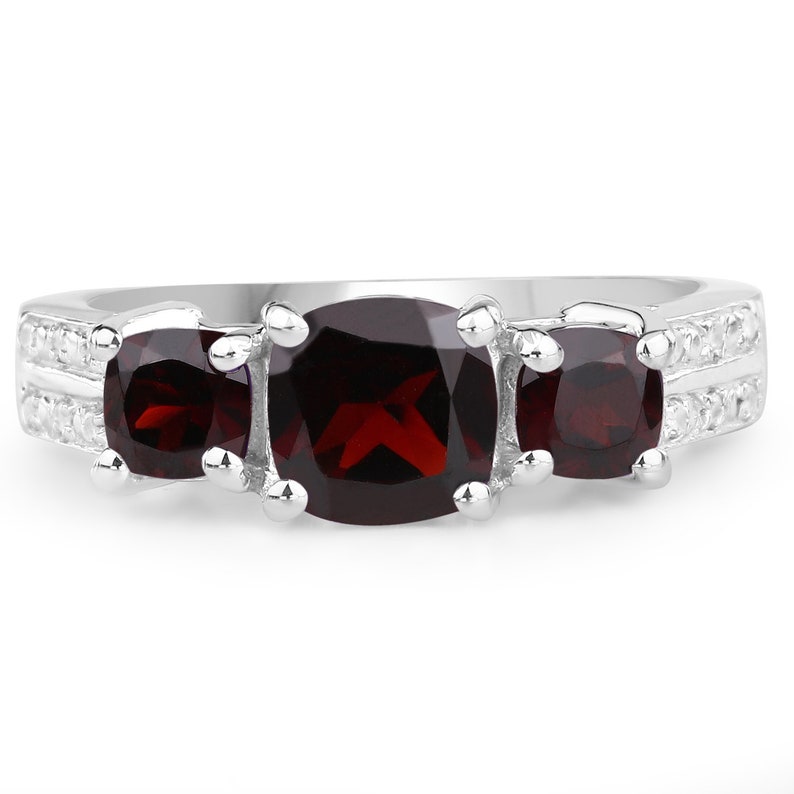 Garnet Silver Ring, Natural 3-Stone Garnet Ring in 925 Sterling Silver, Mozambique Garnet Silver Ring, January Birthstone Ring