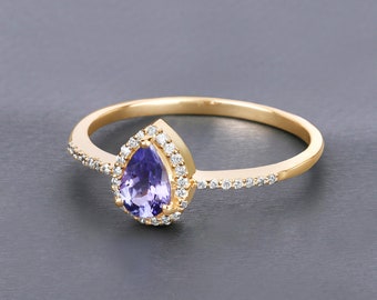 Tanzanite Ring, Solid 14k Yellow Gold Tanzanite Diamond Ring, Lavender Gemstone Ring, Minimalist Ring, Dainty Gold Ring, Bridesmaid Gift