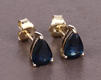 Blue Sapphire Studs, 14k Gold Genuine Sapphire Pear Shape Stud, Dainty Stud Earrings, September Birthstone, Bridesmaid Gift