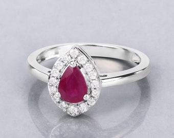 14K Gold Ruby Ring, Genuine Ruby and Diamond Solid White Gold Ring for Women, Bridal Ruby Ring, July Birthstone Ring, Minimalist Ruby Ring