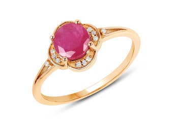 14K Gold Ruby Ring, Genuine Ruby and Diamond Solid Yellow Gold Ring for Women, Bridal Ruby Ring, July Birthstone Ring, Minimalist Ruby Ring