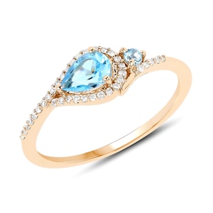 14k Gold Swiss Blue Topaz & Diamond Ring, Dainty Blue Topaz Engagement Rings, 14k Gold Thin Diamond Band, December Birthstone Ring