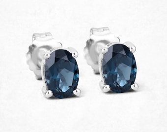 London Blue Topaz Earrings, Genuine London Blue Topaz Oval Stud Silver Earrings, December Birthstone Earrings, Blue Topaz Studs for Women